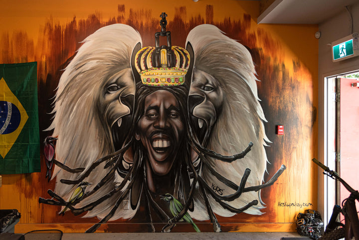 Bob Marley wall mural in Bike Co Shop in Whistler