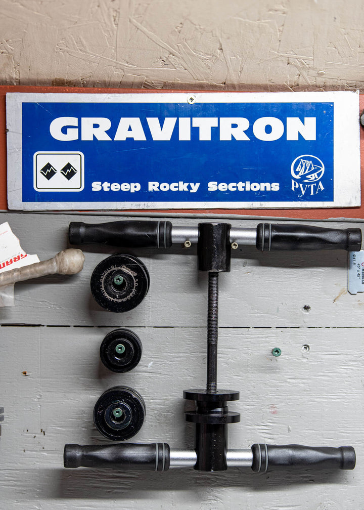 Bike maintenance tools. Double black diamond MTB trail sign Gravitron.